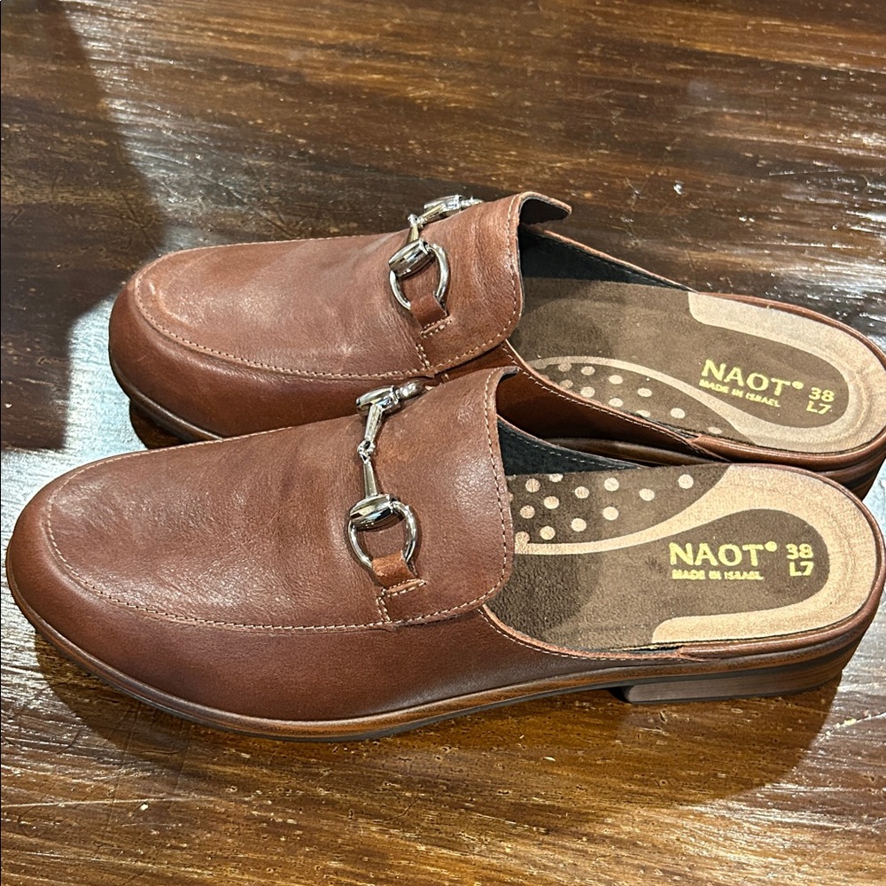 Naot Brown Leather Slip On Mules with Silver Accents